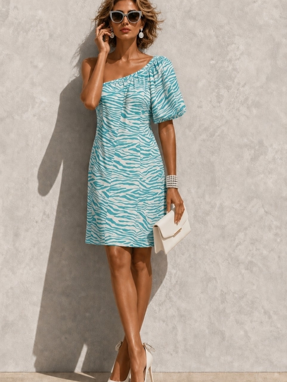 Bar III One-Shoulder Aqua Blue & White Zebra Print Shift Dress XSmall NEW